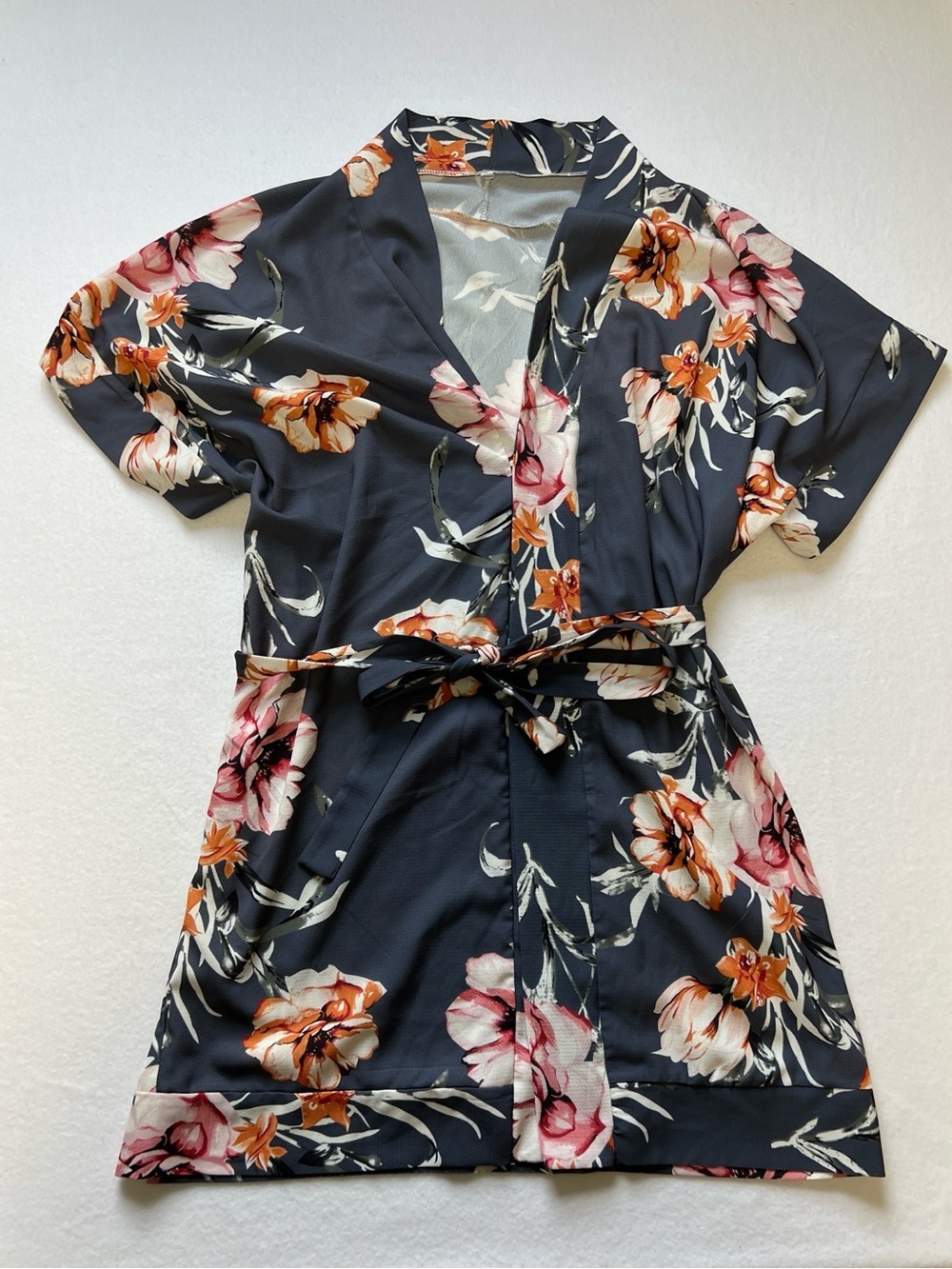 Boho Floral Kimono Dress Short Sleeve With Belt Blue Grey Size S indie